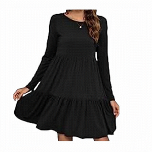 Tarainya Black Tiered Dress S Long‎ Sleeve Mini Knee Length Simple Casual